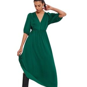 Gap Womens Green V-Neck Open Back Puff Sleeve Maxi Dress Size M NEW